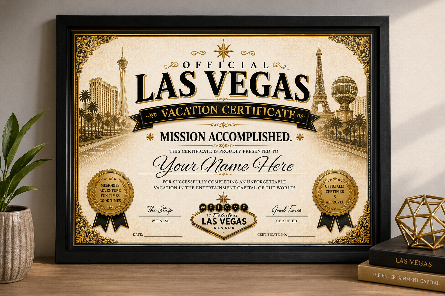 Framed Las Vegas Vacation Certificate on a shelf